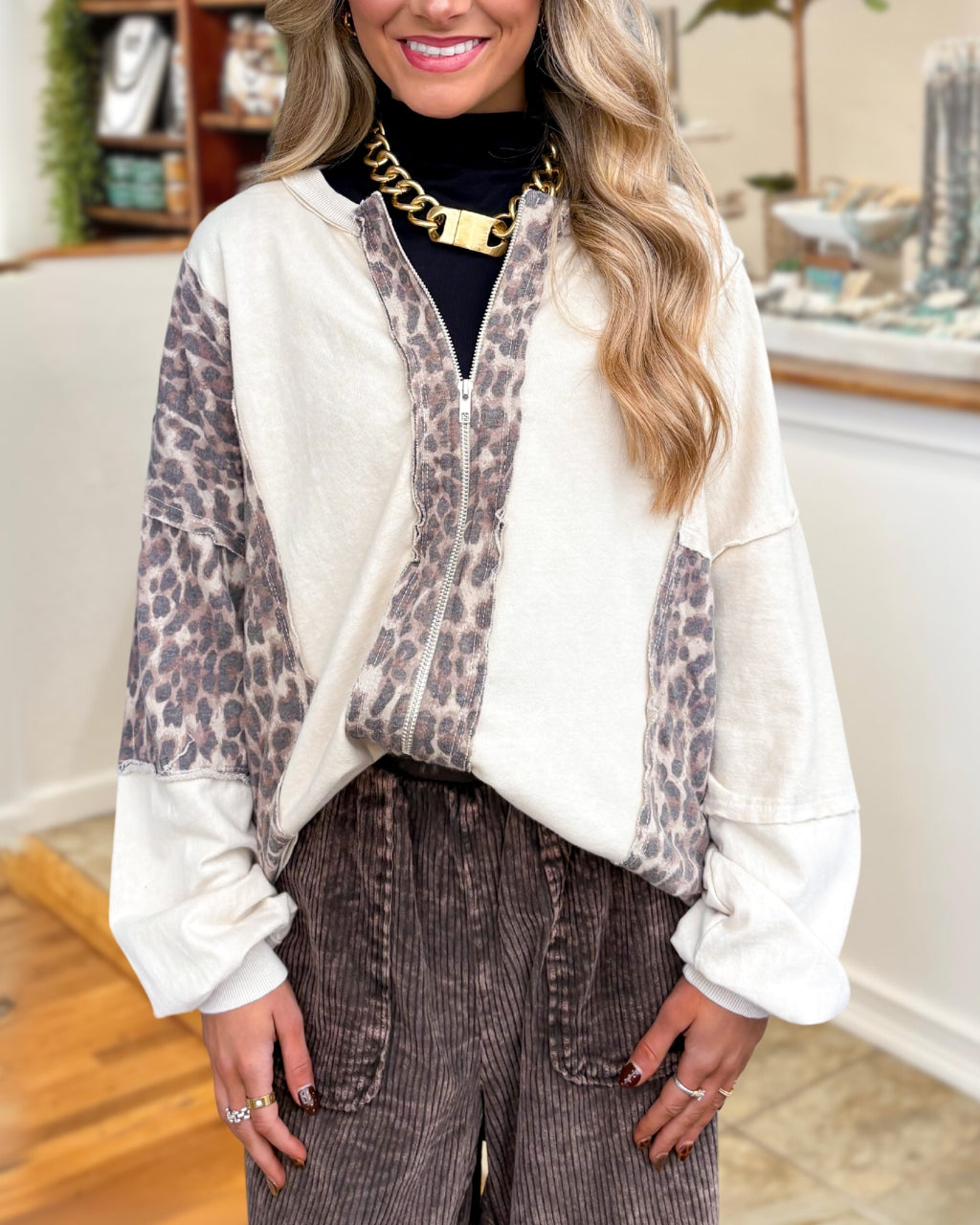 Leopard-print Panel Zip-up Jacket