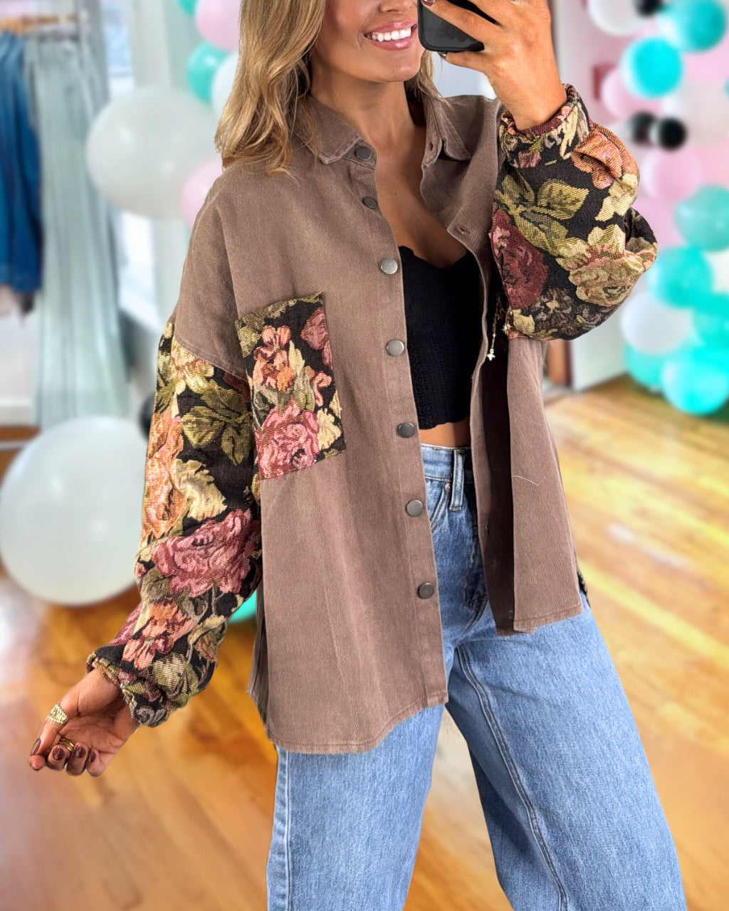 Mixed Pattern Floral Jacquard Shacket