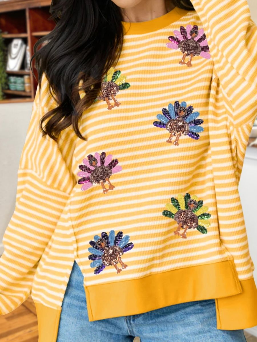 Thanksgiving Sequined Turkey Striped Pullover
