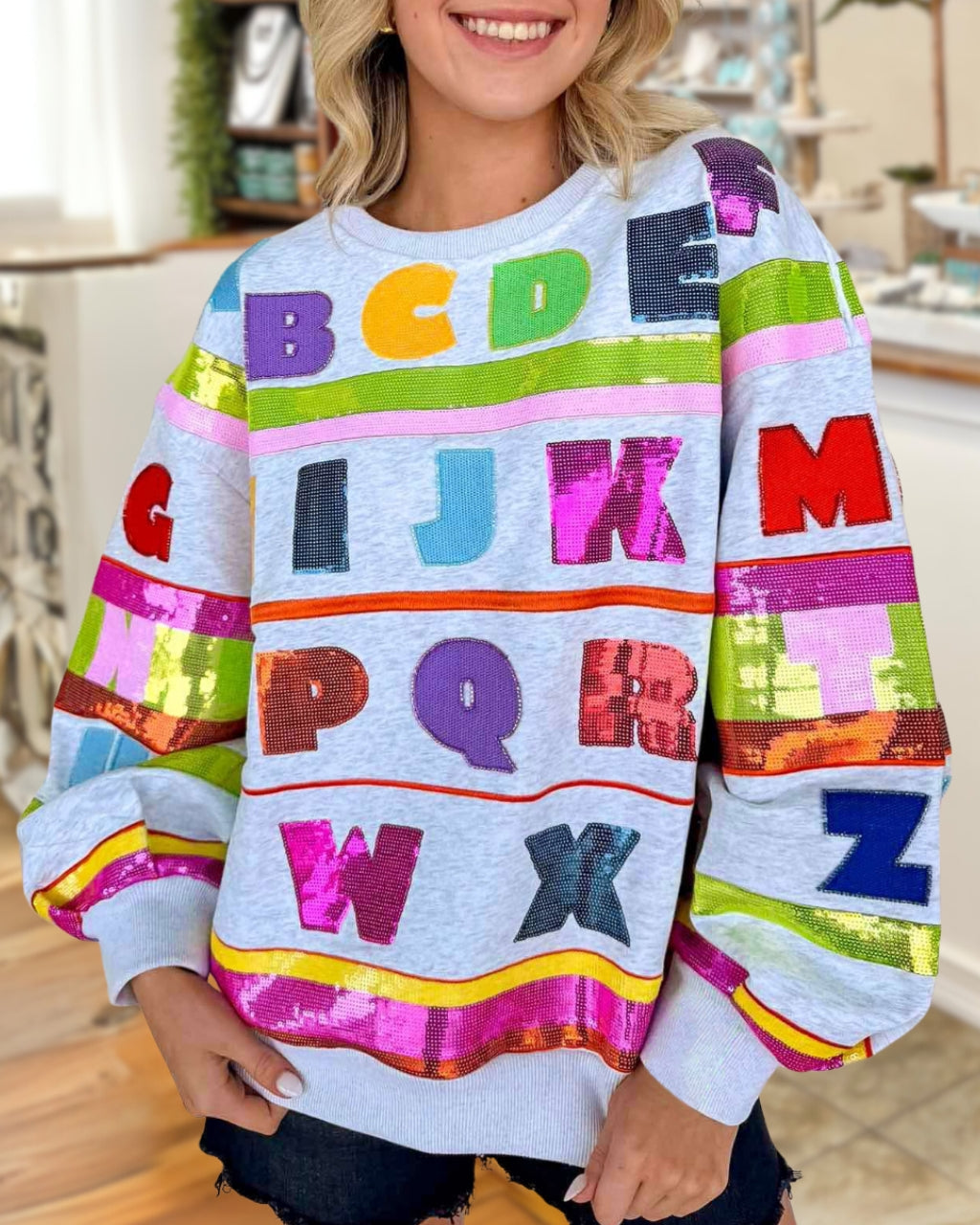 Colorful Letter Sequin Pullover