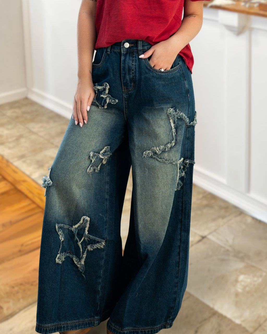 Star Patterned Frayed Denim Pants