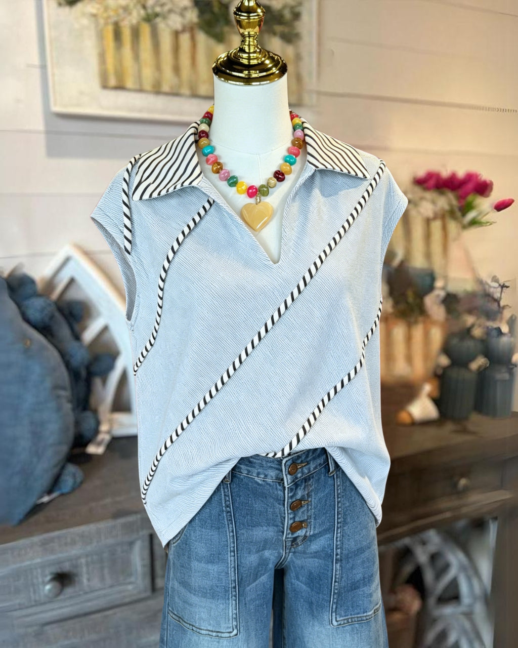 Diagonal Striped Collared Top