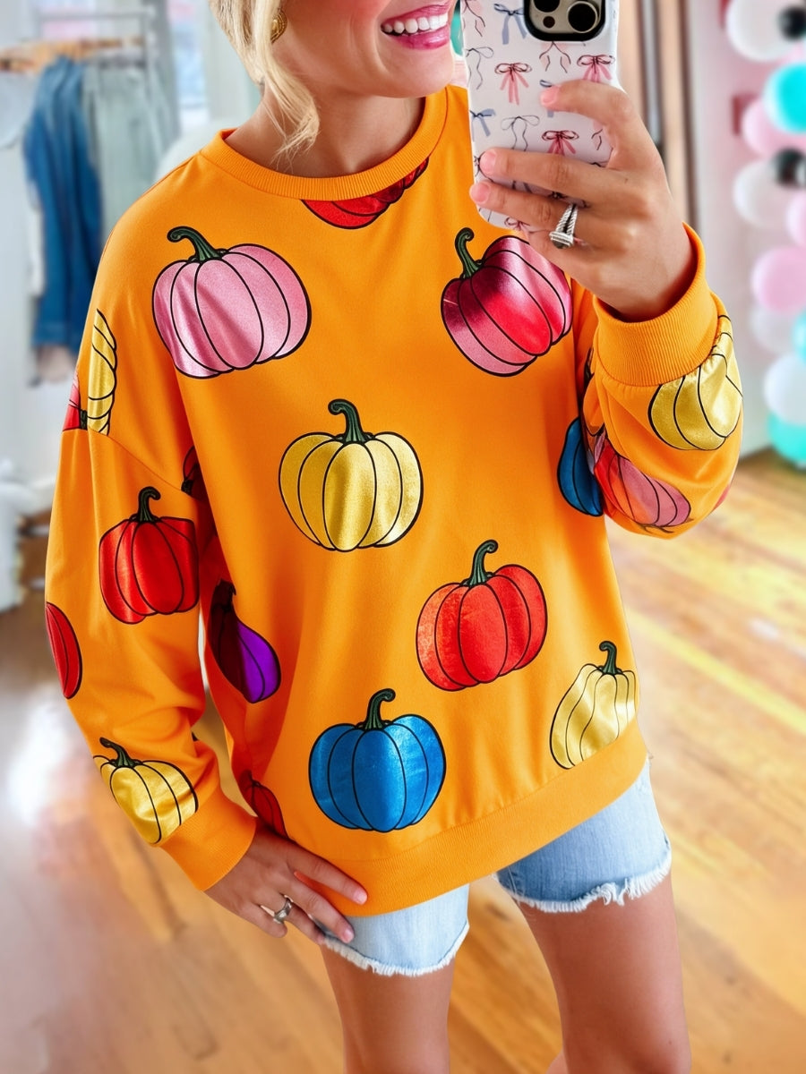 Colorful Pumpkin Gold Foil Print Pullover