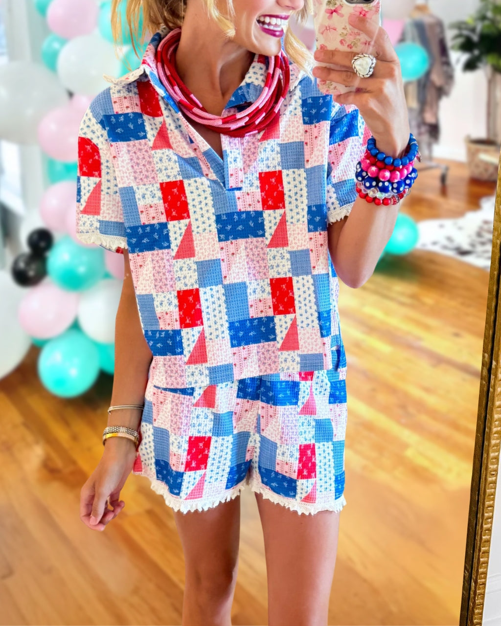 Mixed Plaid Pattern Shorts Set