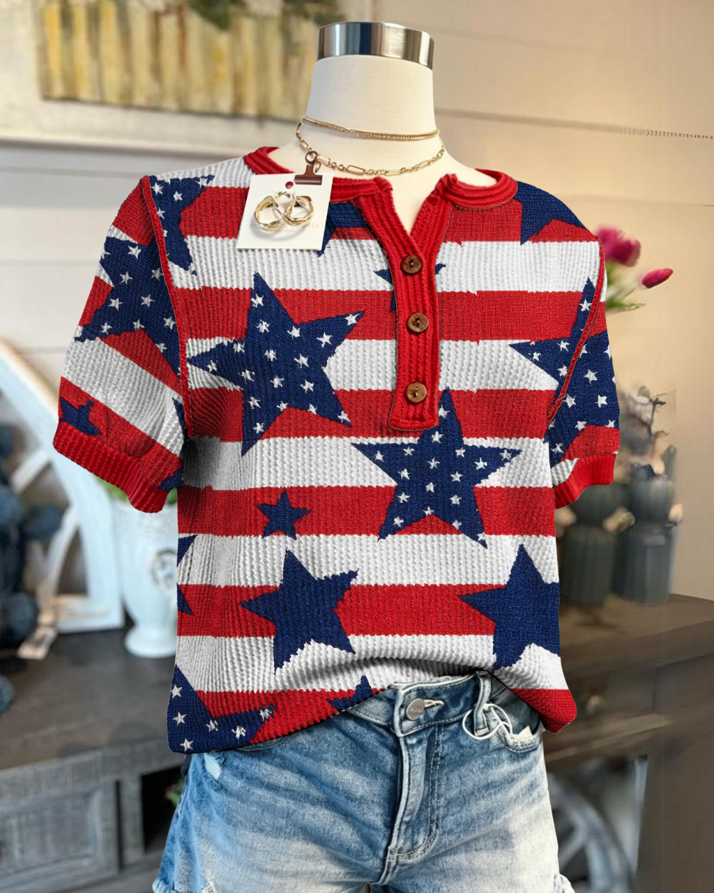 Flag Star Striped Ribbed Top