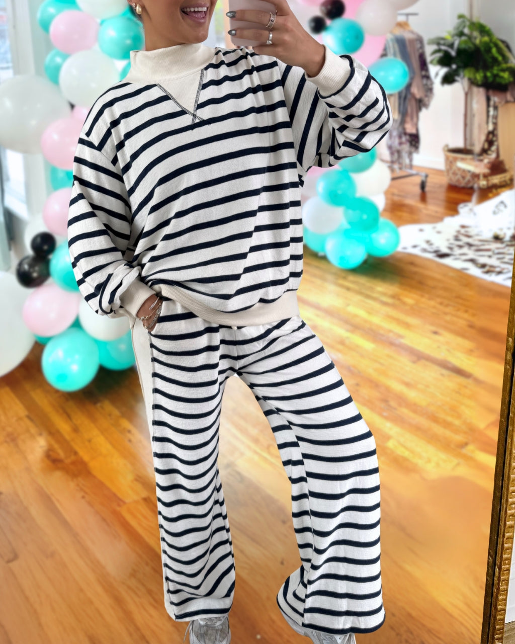 Chic Striped Mock Neck Lounge Set