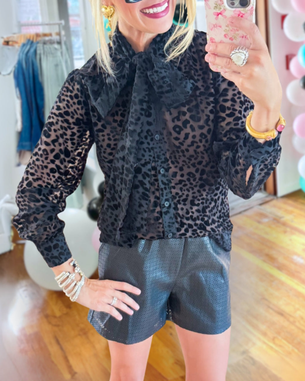 Leopard Chiffon Flocking Button Down Top