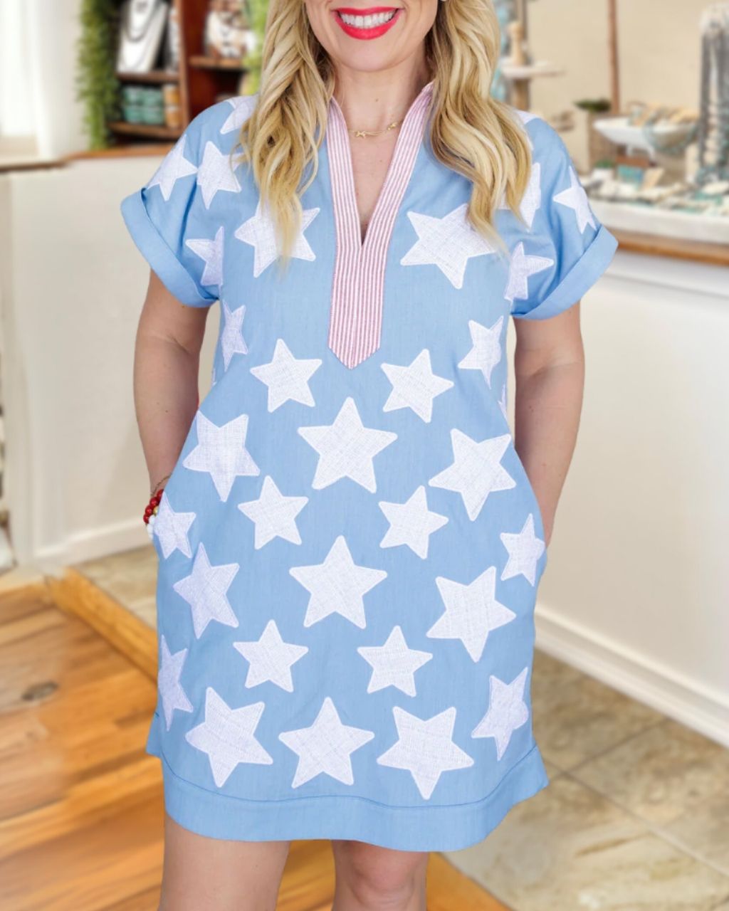 Patriotic Stars Striped Trim Dress