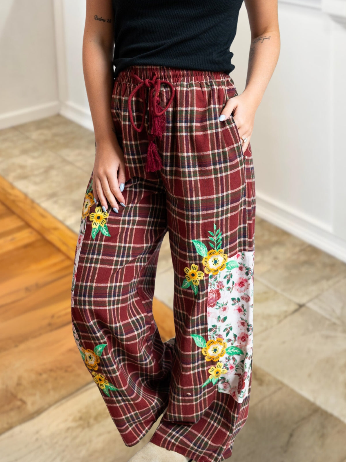 Floral Embroidered Wool Blend Plaid Pants