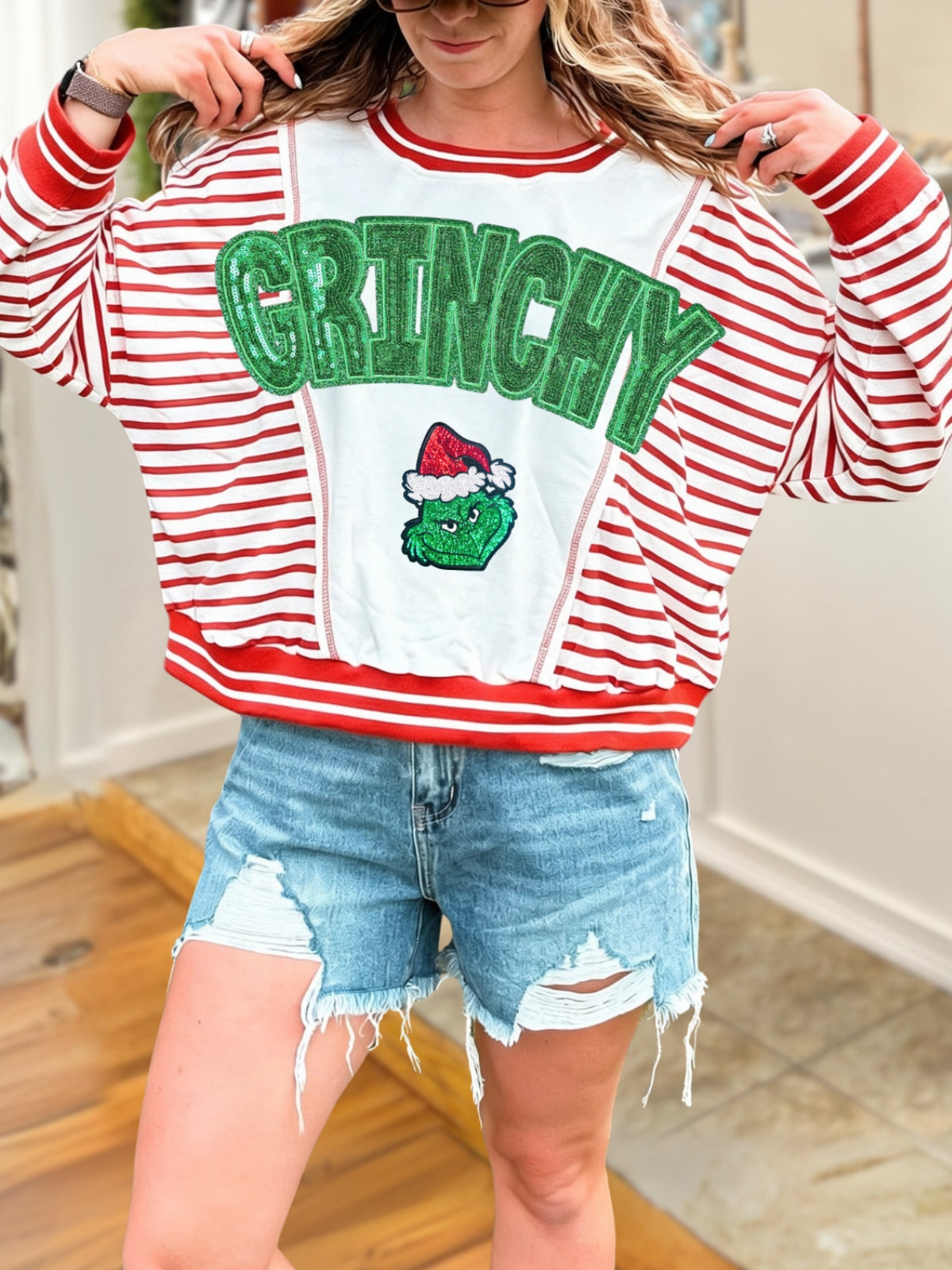 GRINCHY Striped Sequined Pullover