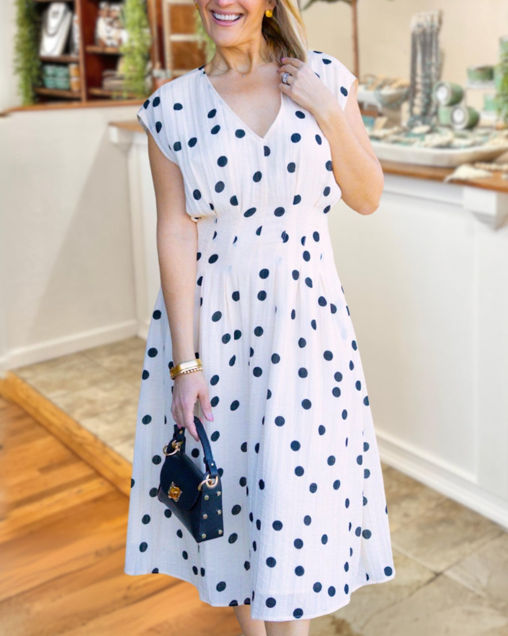 Polka Dot Pleated Linen Dress