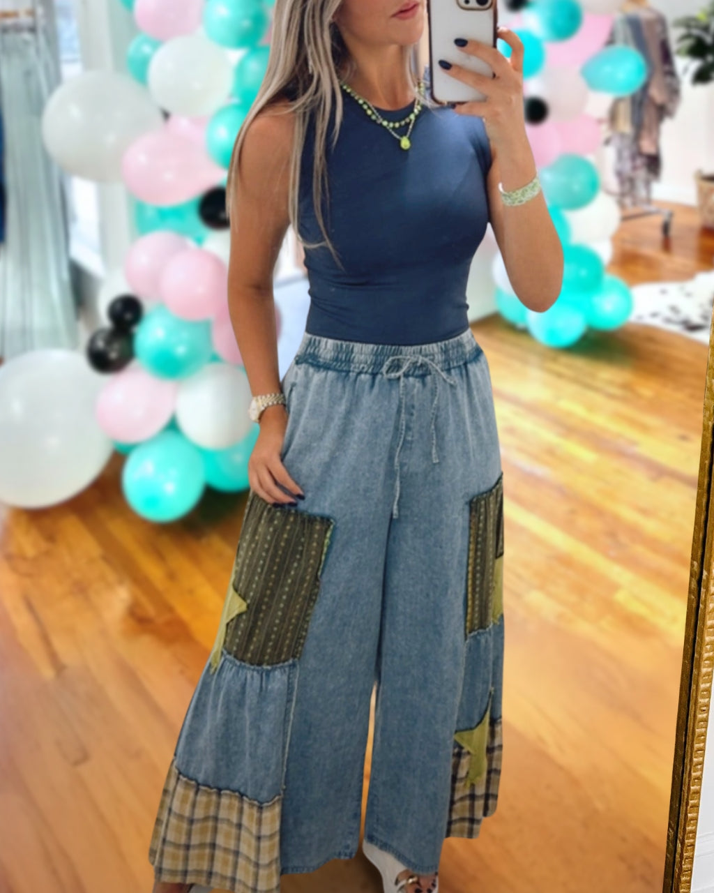 Star Patchwork Wide-Leg Denim Pants