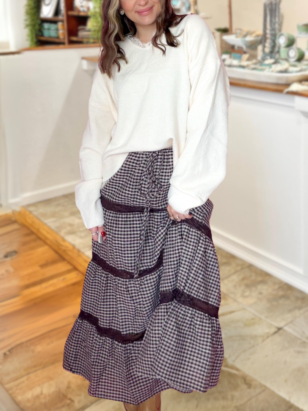 Lace Plaid Layered Midi Skirt