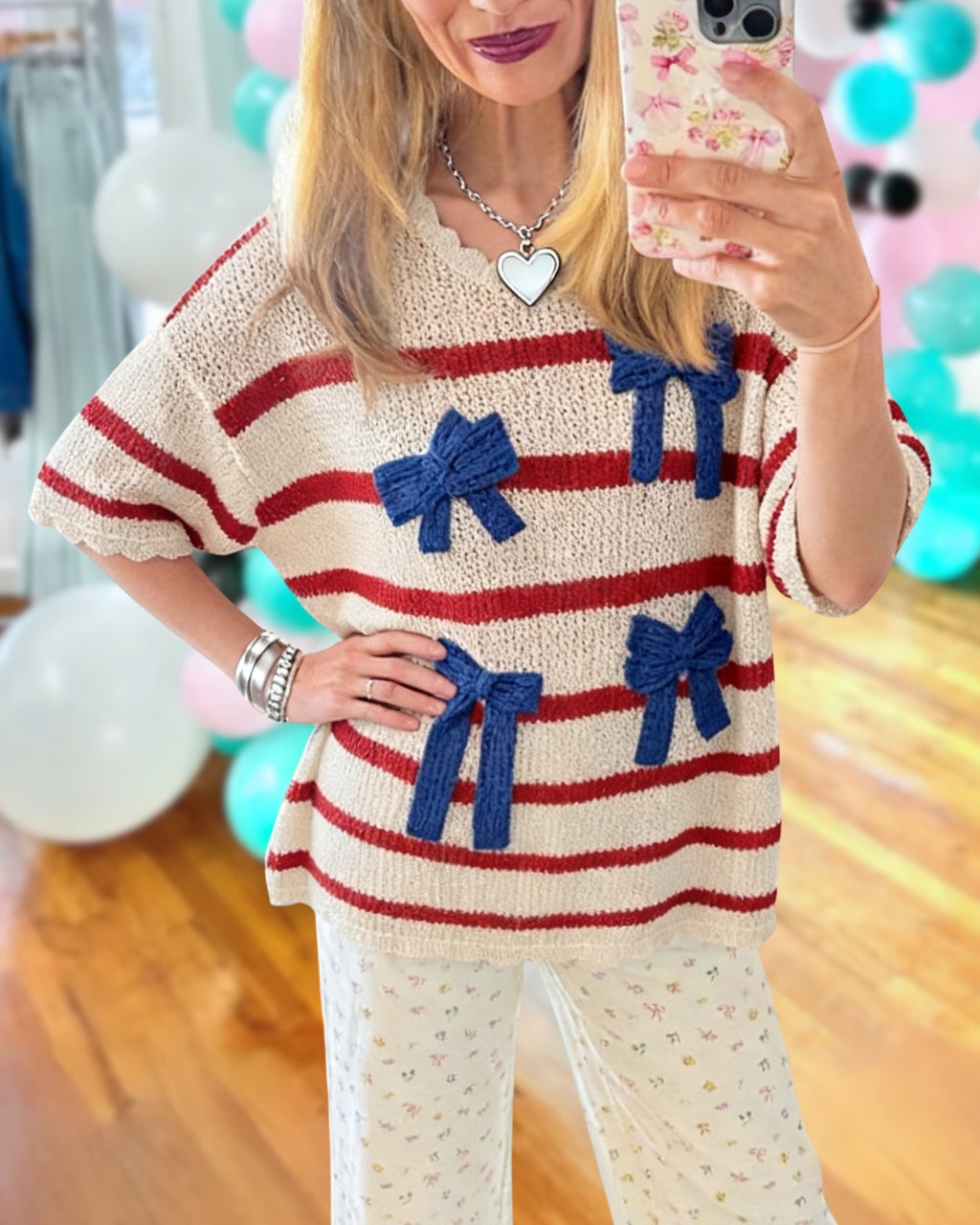 Bow Striped Knit Top
