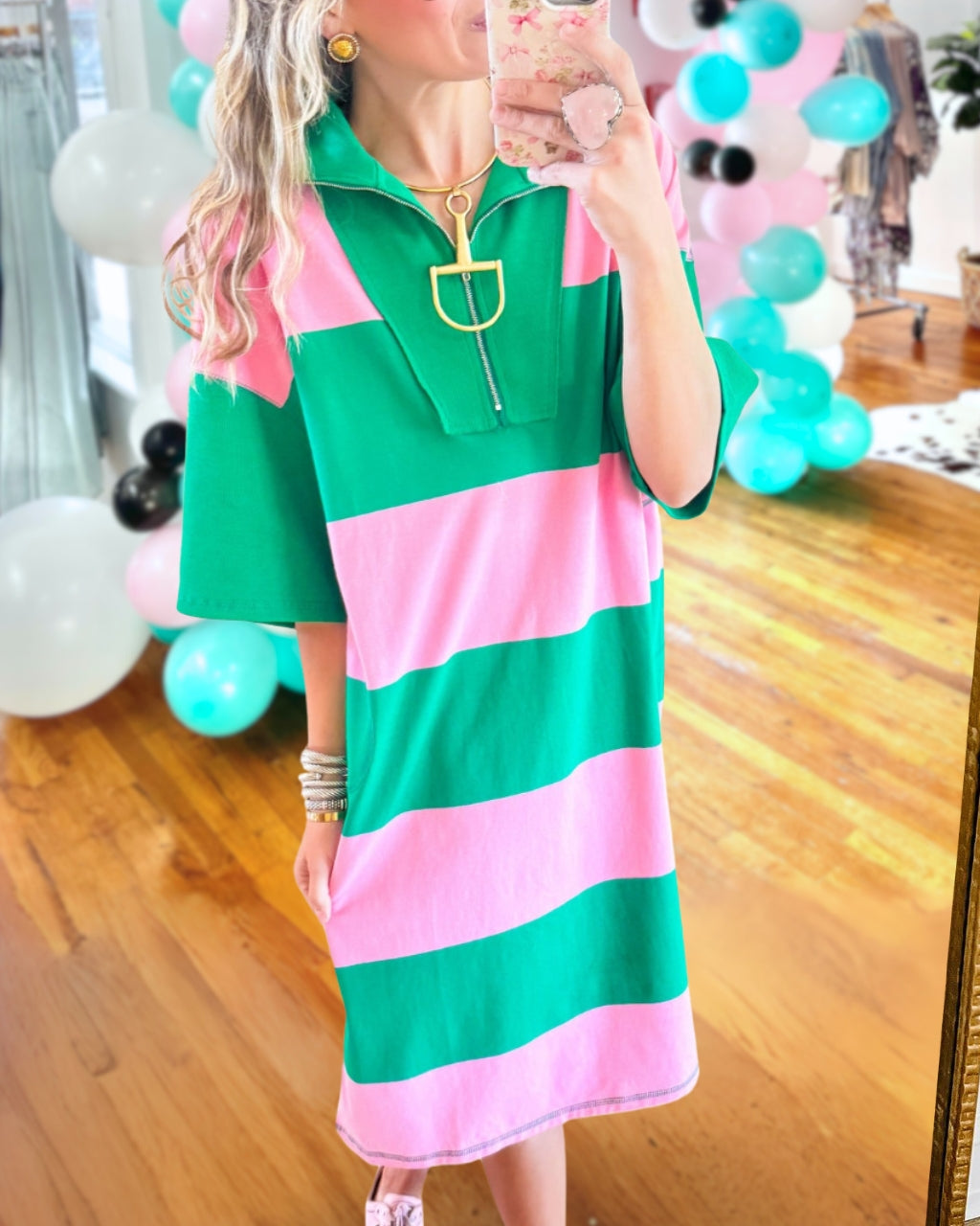 Color-block Striped Half-Zip Dress