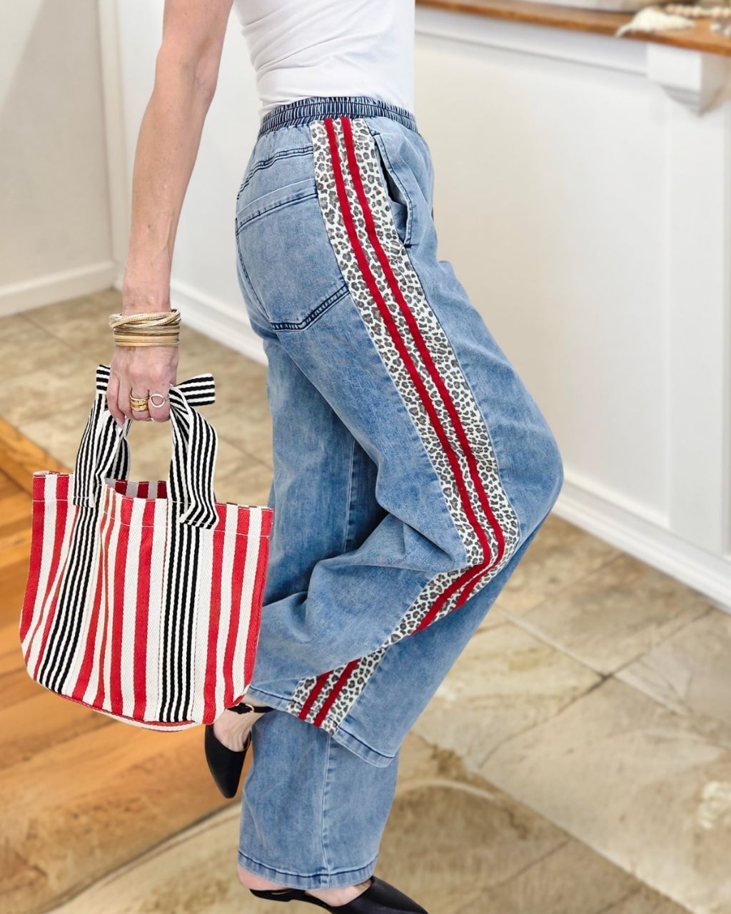 Leopard Side-stripe Washed Denim Jeans