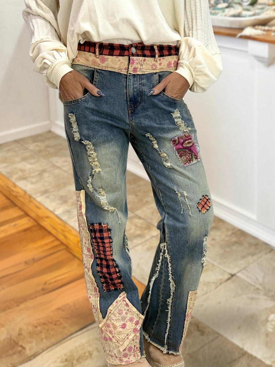 Floral Plaid Patch Jeans
