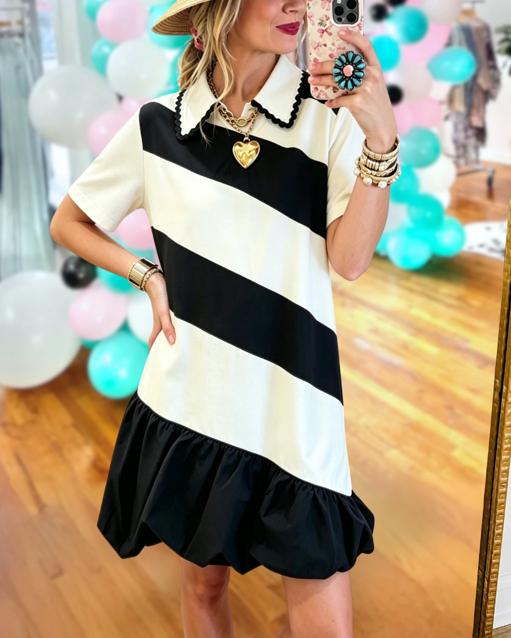 Diagonal Striped Ruffle Hem Dress