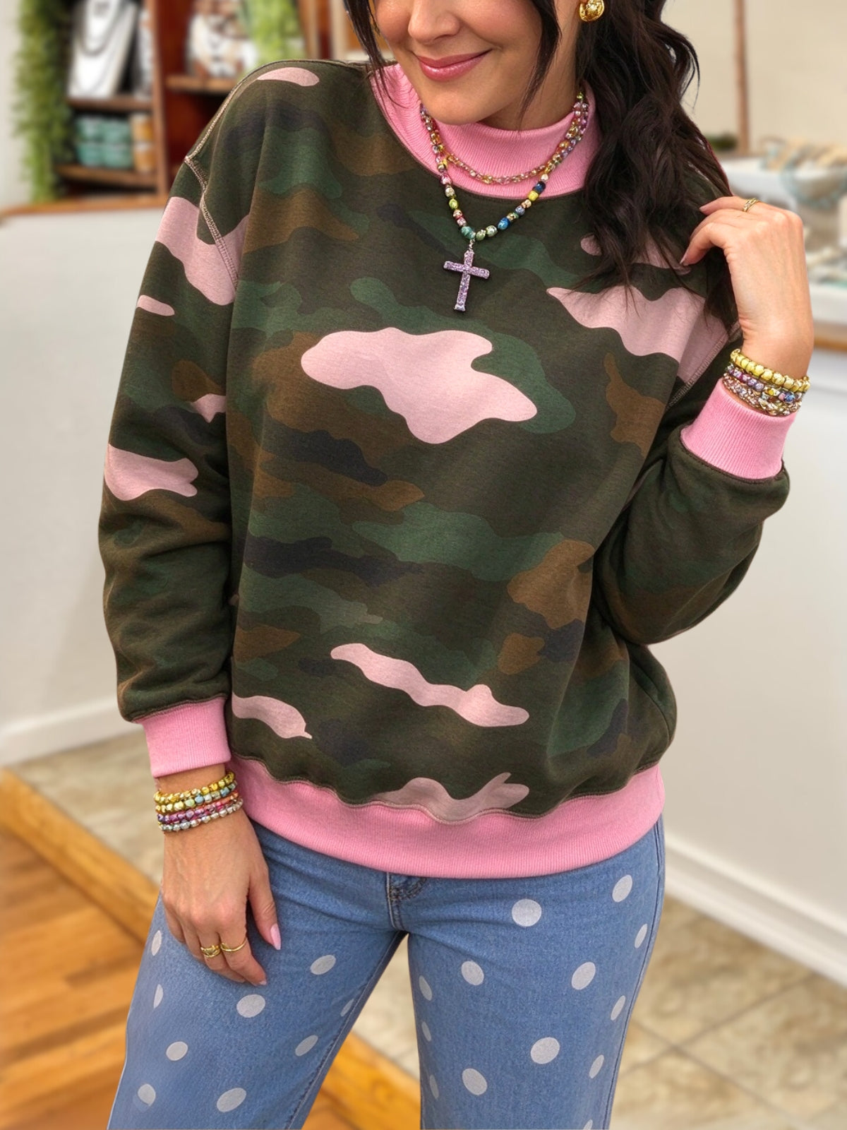 Camouflage Colorblock Turtleneck Pullover