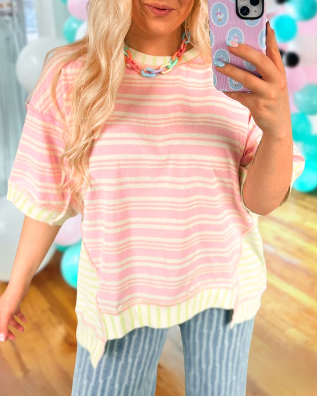Color-blocked Striped Loose T-shirt
