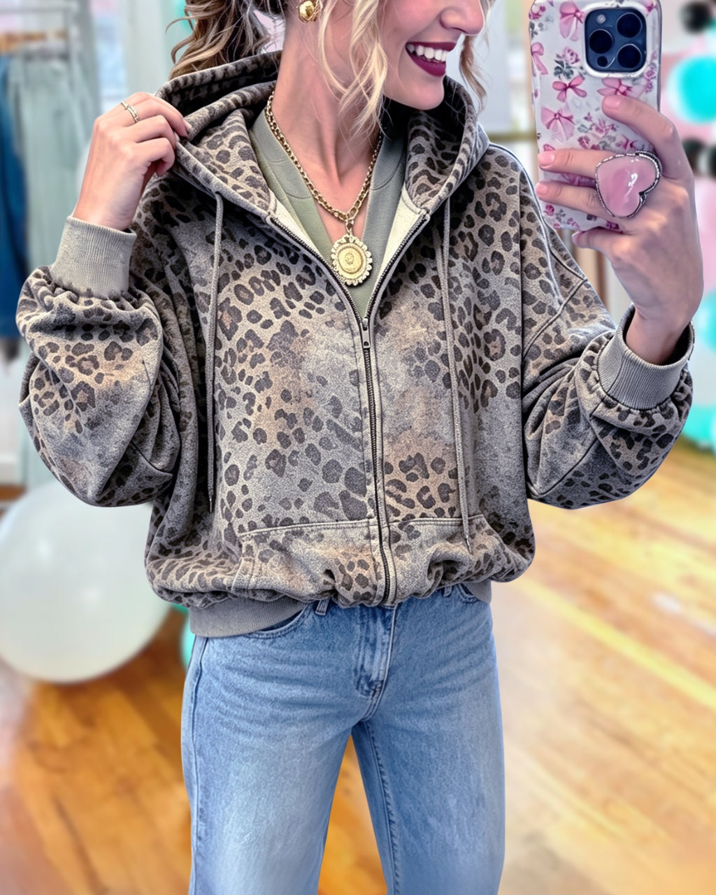 Washed Leopard Zip Hoodie