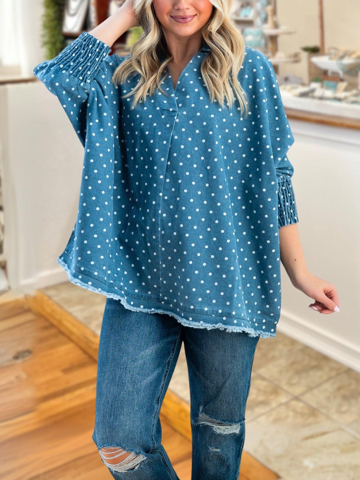 Loose Fitting Polka Dot Denim Top