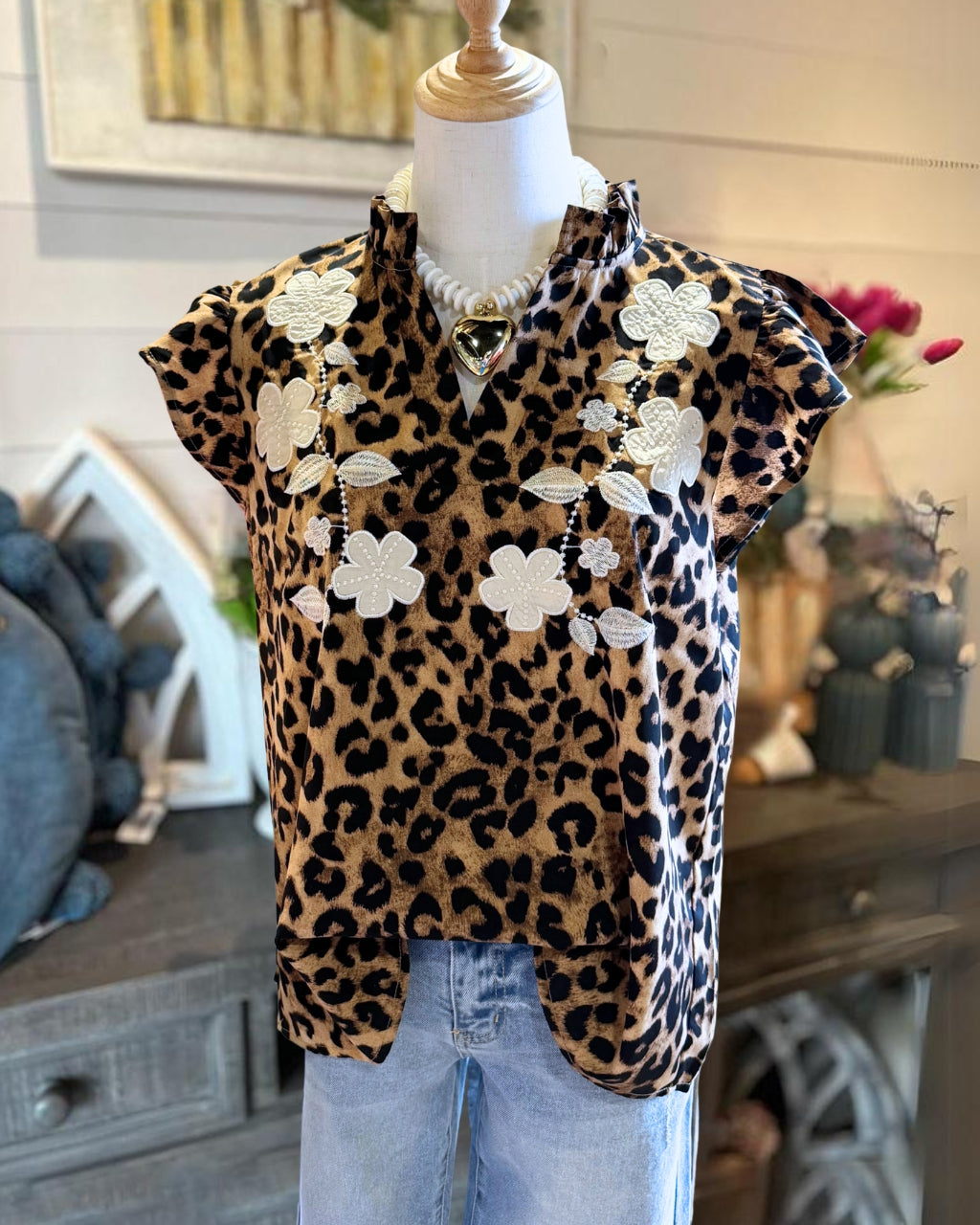 Leopard Floral Embroidered Top