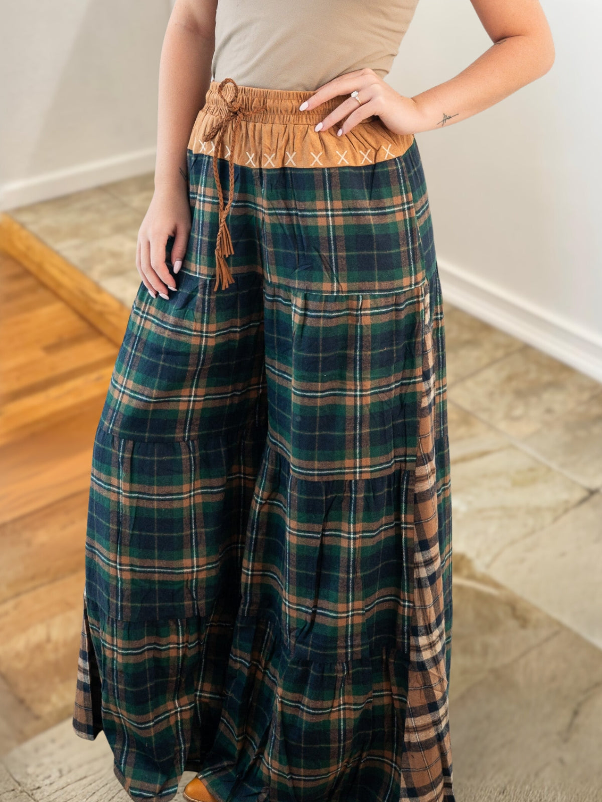 Ruffled Plaid Wool Blend Wide Leg Pants