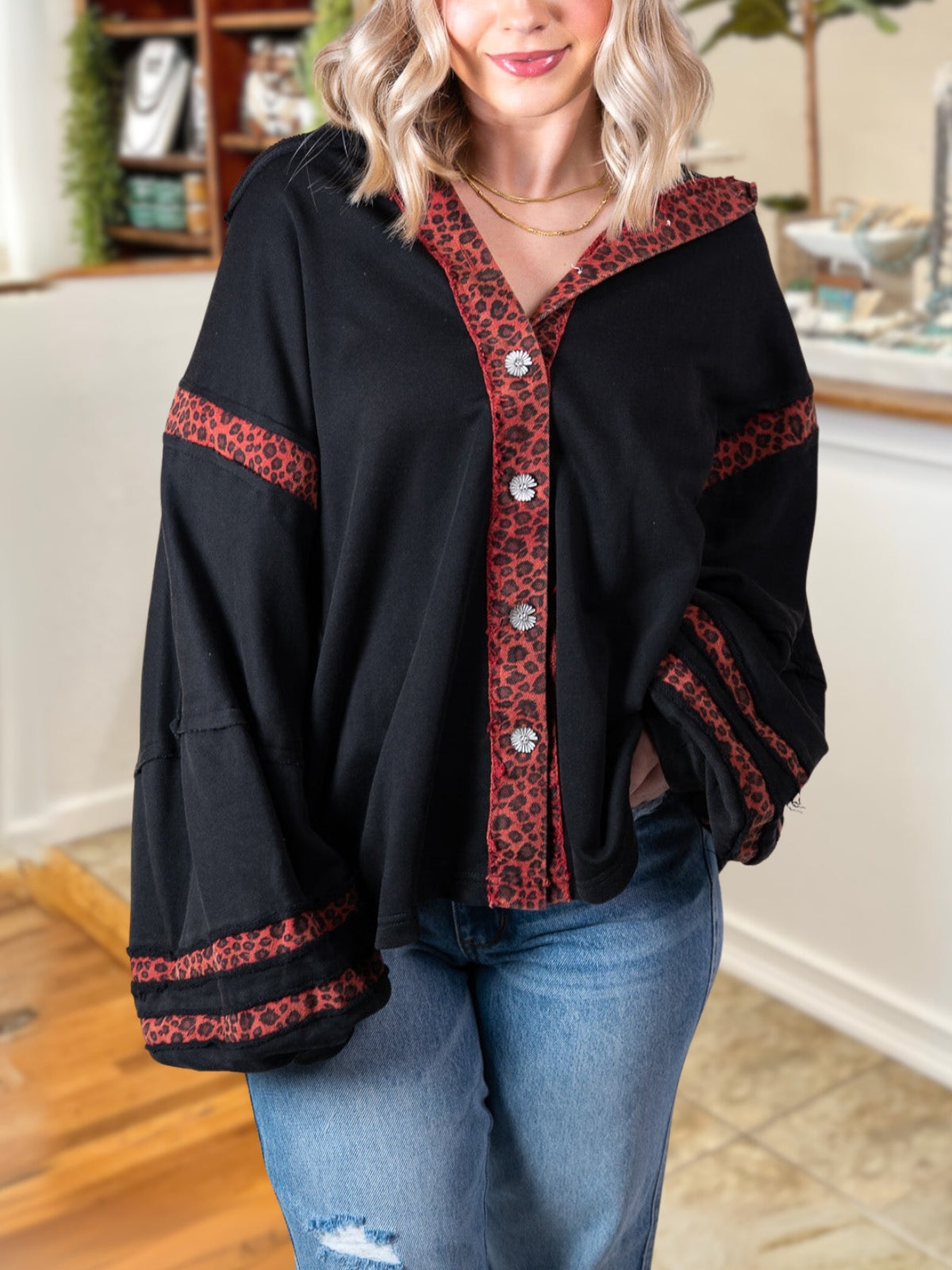 Leopard Print Star Patchwork Hooded Top