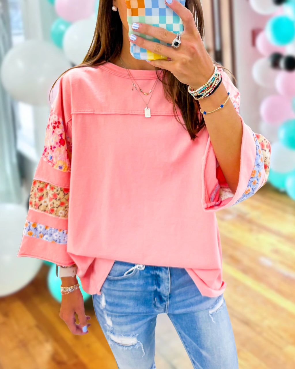 Floral Patchwork Sleeve Top