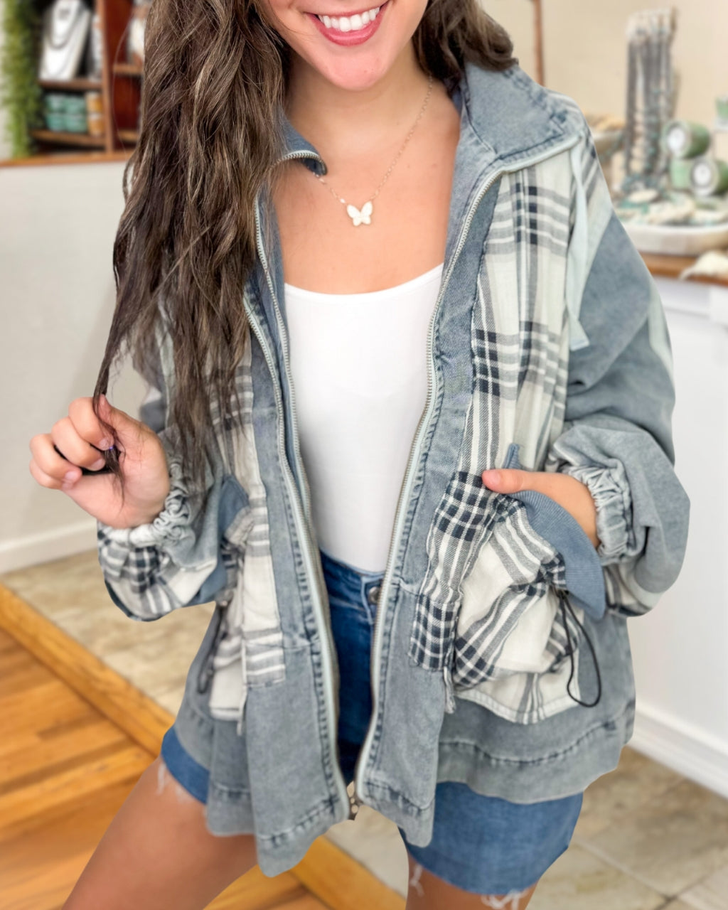 Stylish Plaid Denim Patchwork Jacket