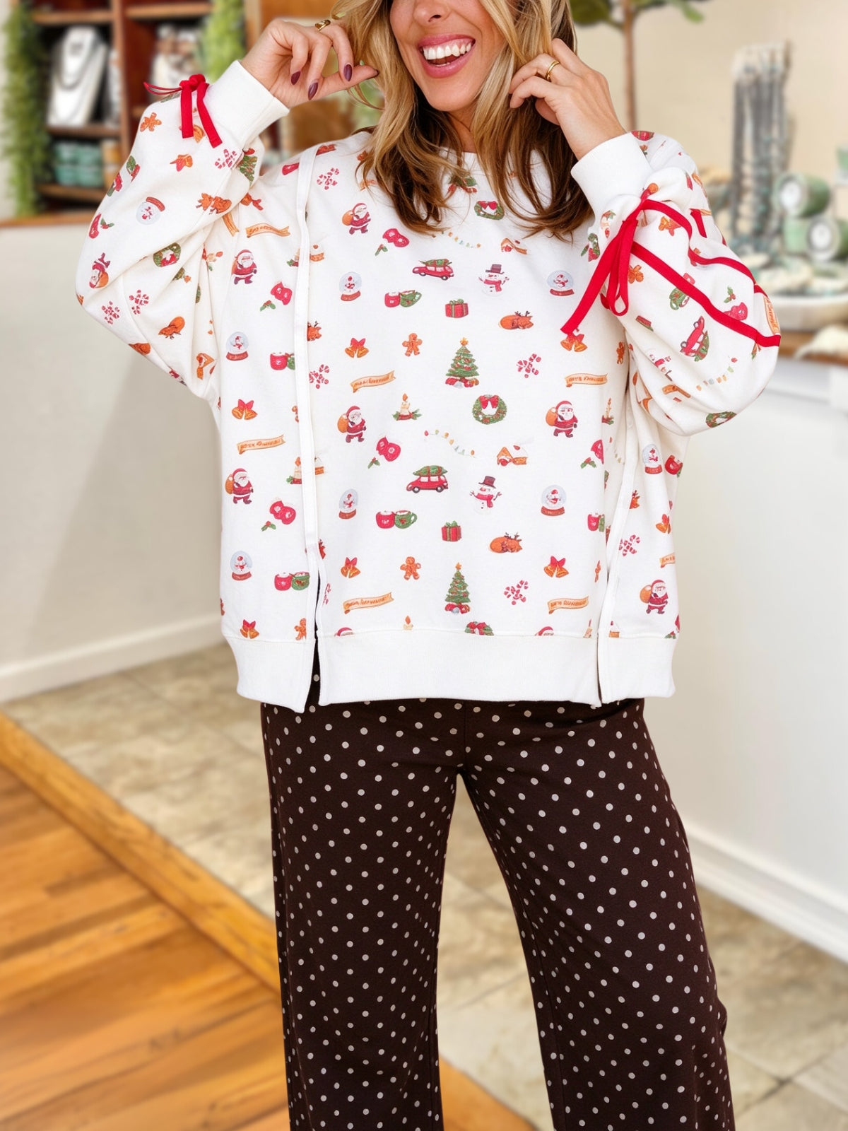 Christmas Print Webbing Bow Pullover
