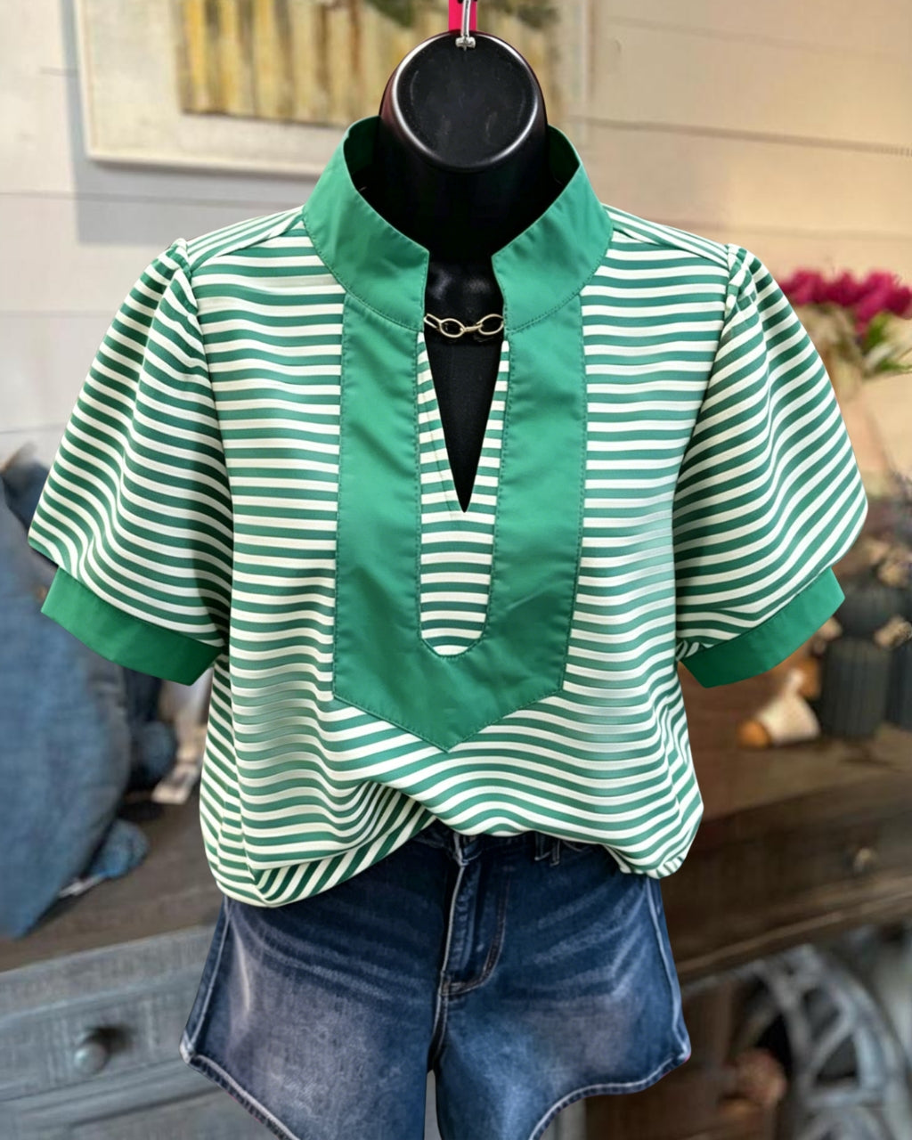 Striped Puff Sleeves Satin Top