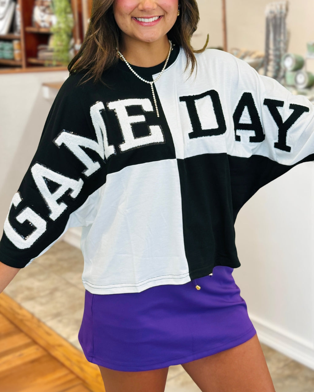 GAME DAY Embroidered Color Block Top
