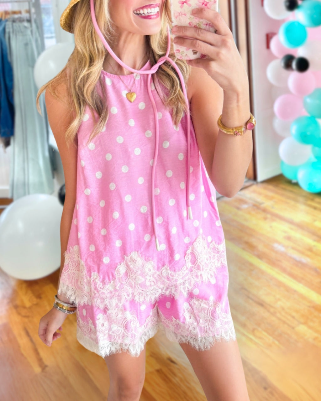 Polka Dot Lace Trim Shorts Set