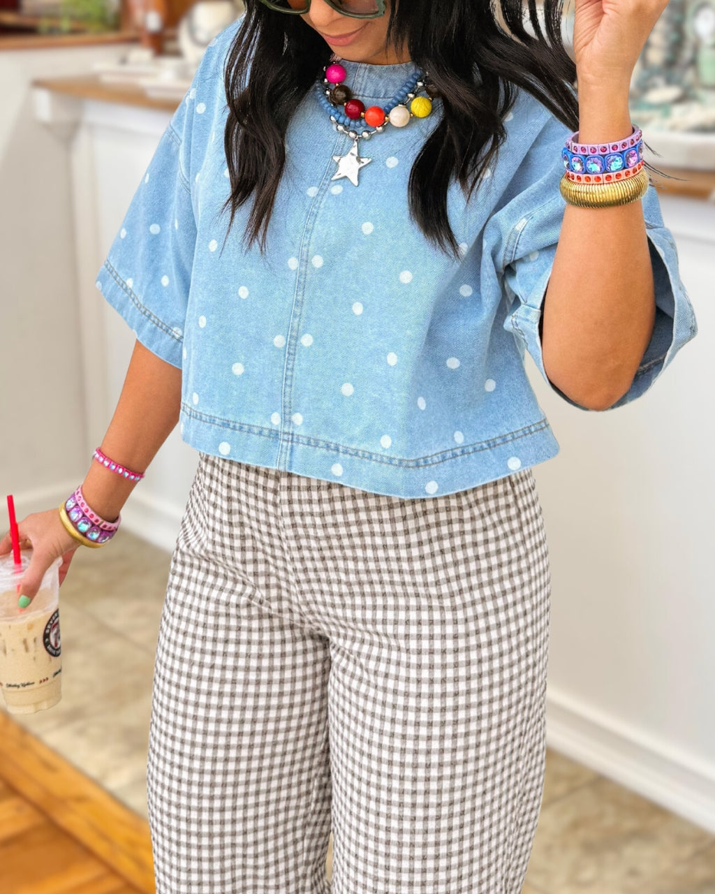 Polka-dot Cropped Denim Top