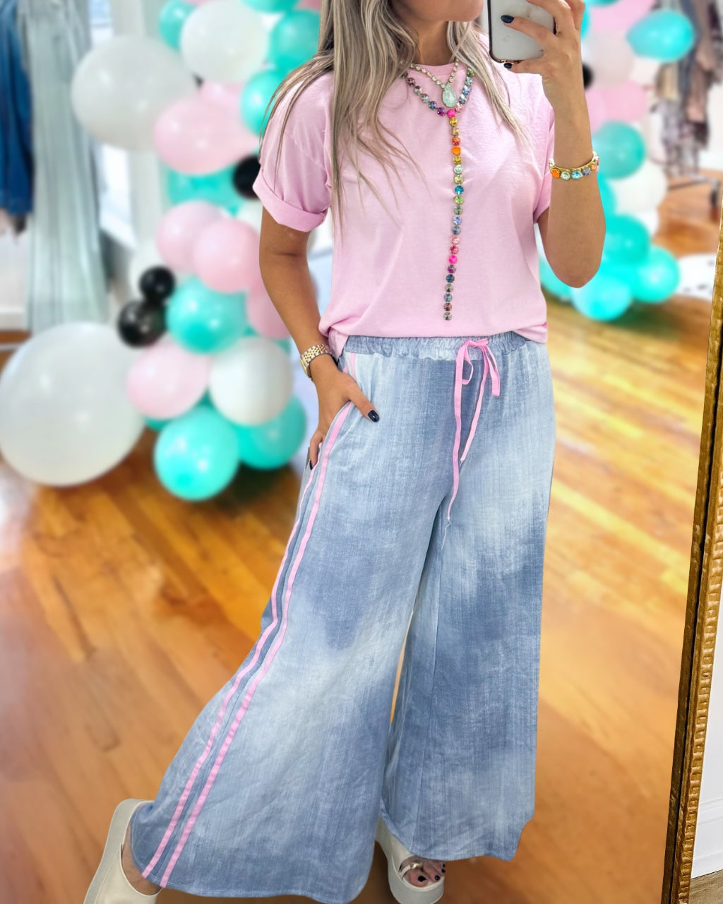 Side Webbing Wide-Leg Denim Pants