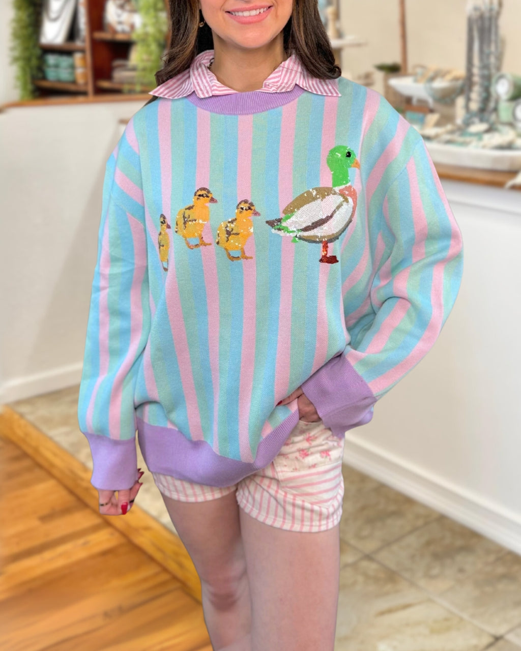 Lavender Stripe Duck Sequin Pullover