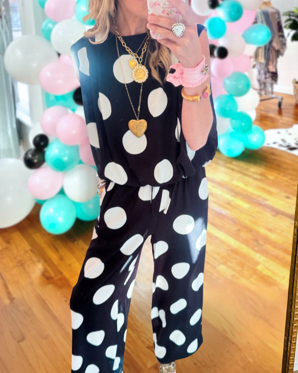 Casual Polka Dot Sleeveless Satin Set