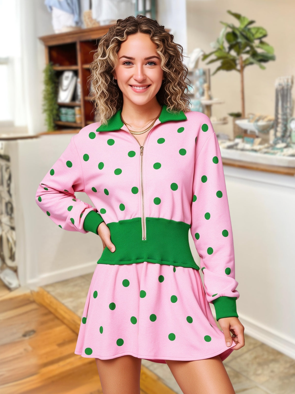 Stylish Polka-Dot Color-Block Collared Dress