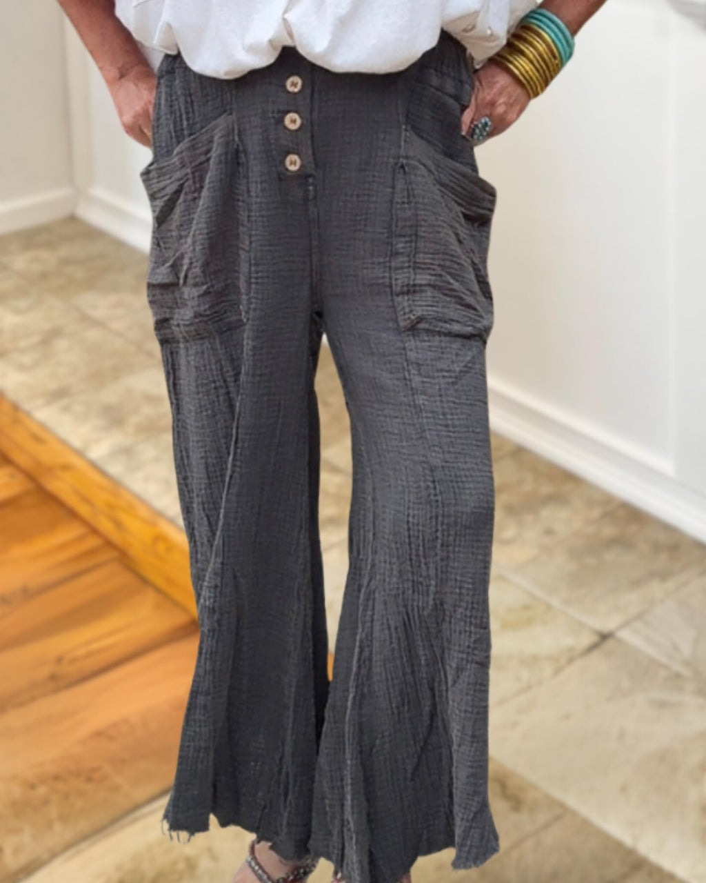 Cotton Crepe Frayed Hem Pants