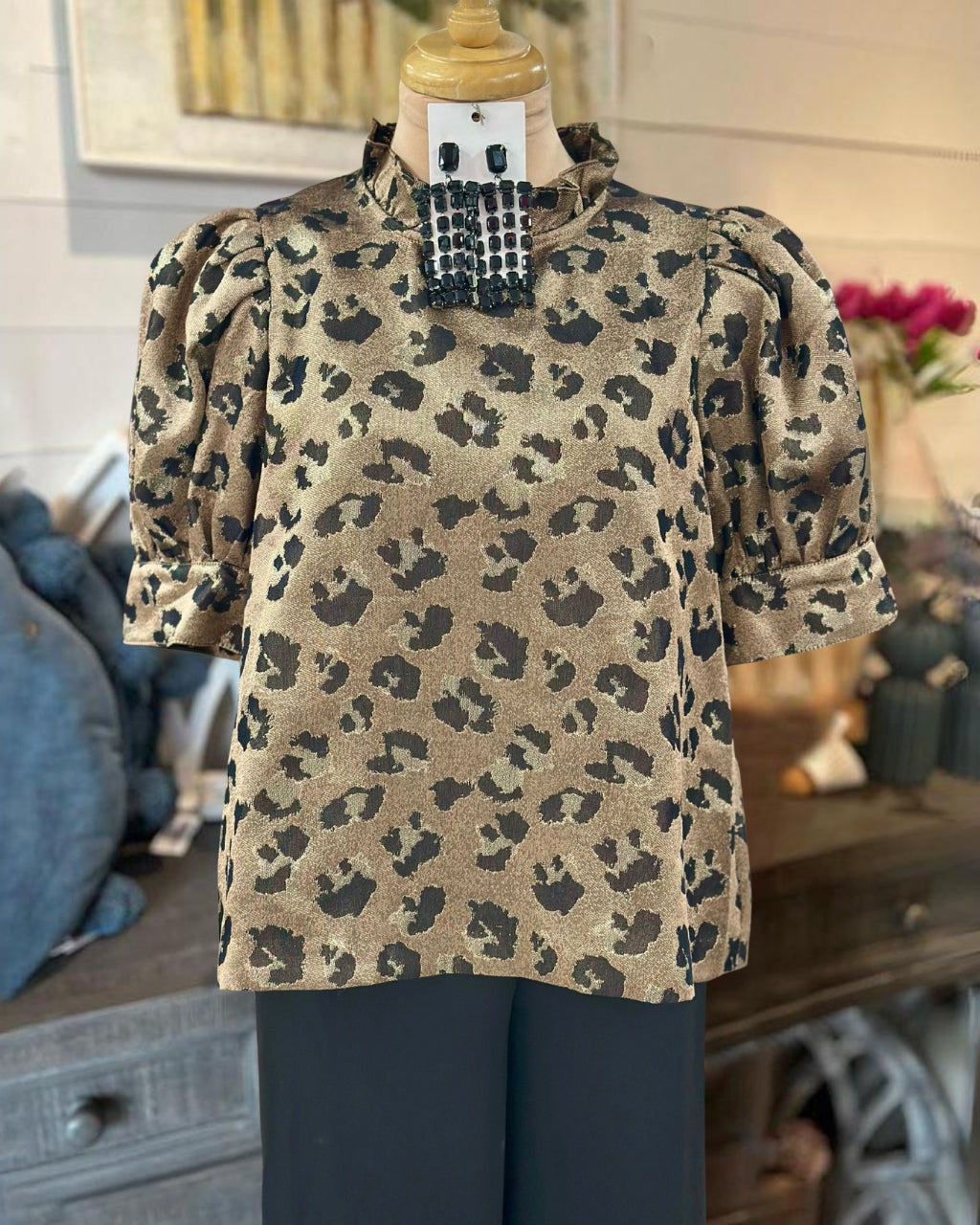 Leopard Puff-Sleeve Satin Top