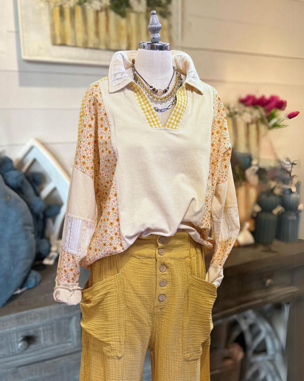 Floral Patchwork Collared Pullover