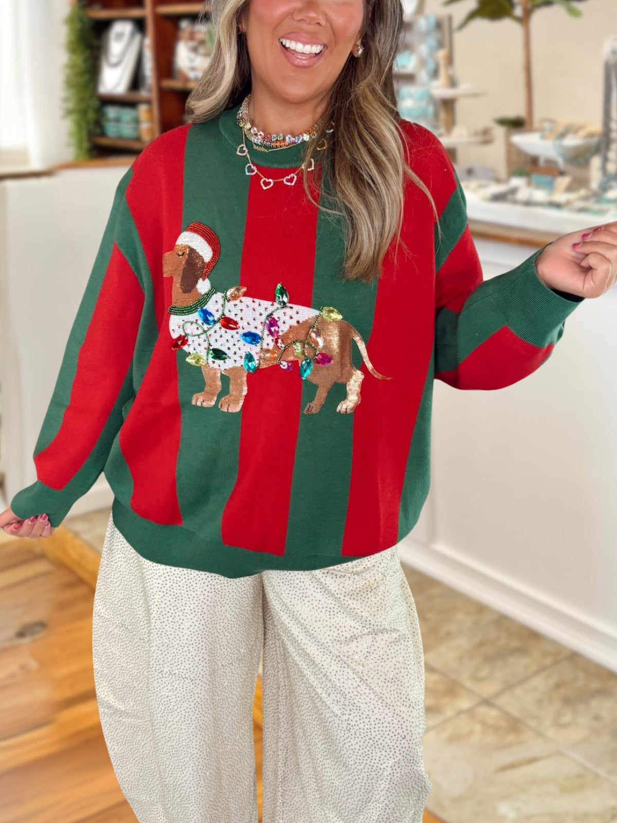 Sequin Striped Dachshund Christmas Pullover