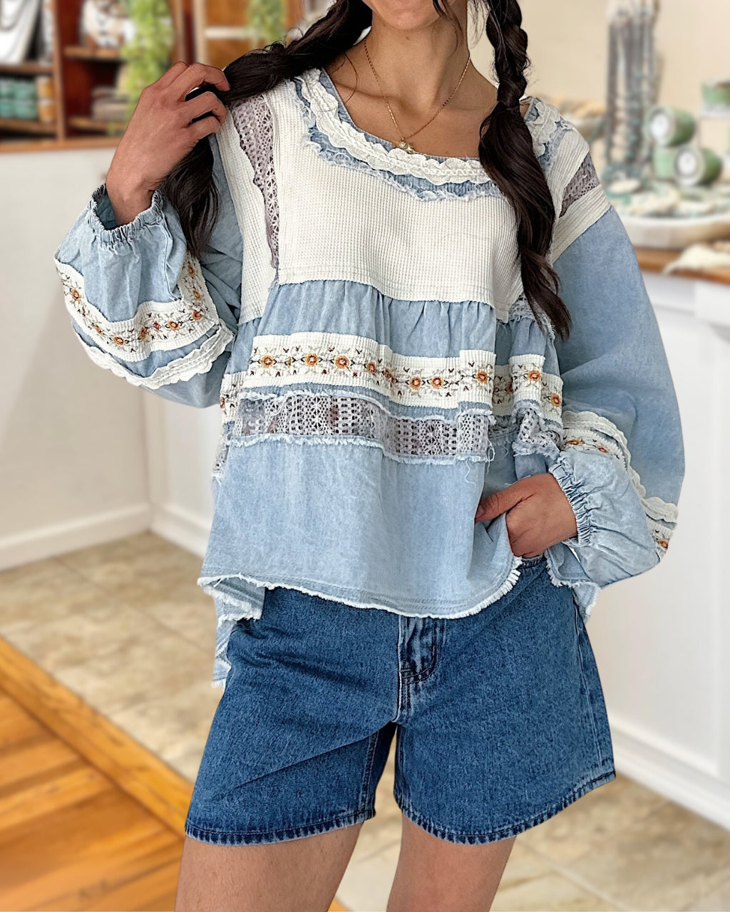 Denim Ribbed Patchwork Top