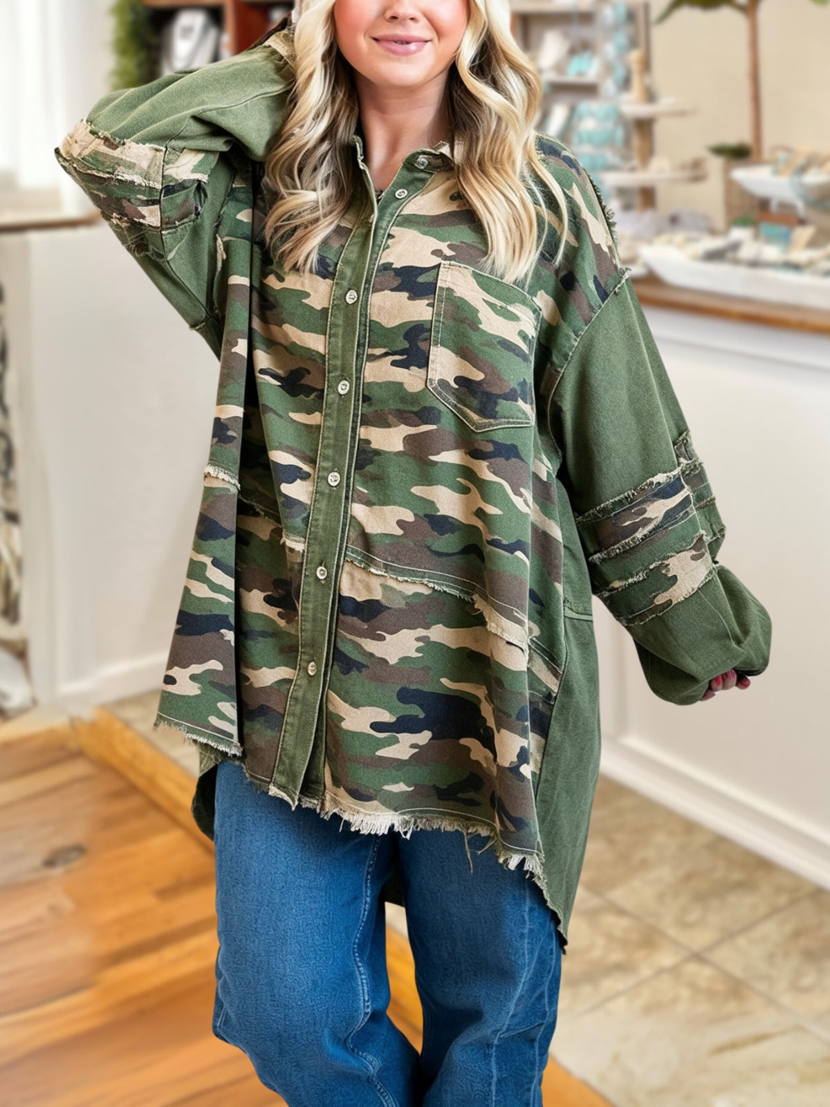 Loose Camouflage Patchwork Frayed Edge Shirt
