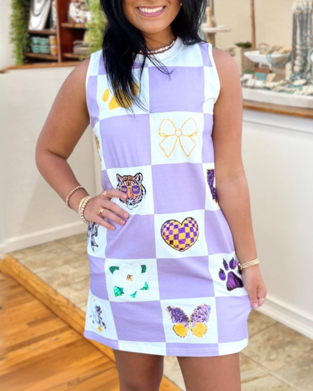 Tigers Game Day Sequin Plaid Sleeveless Dress