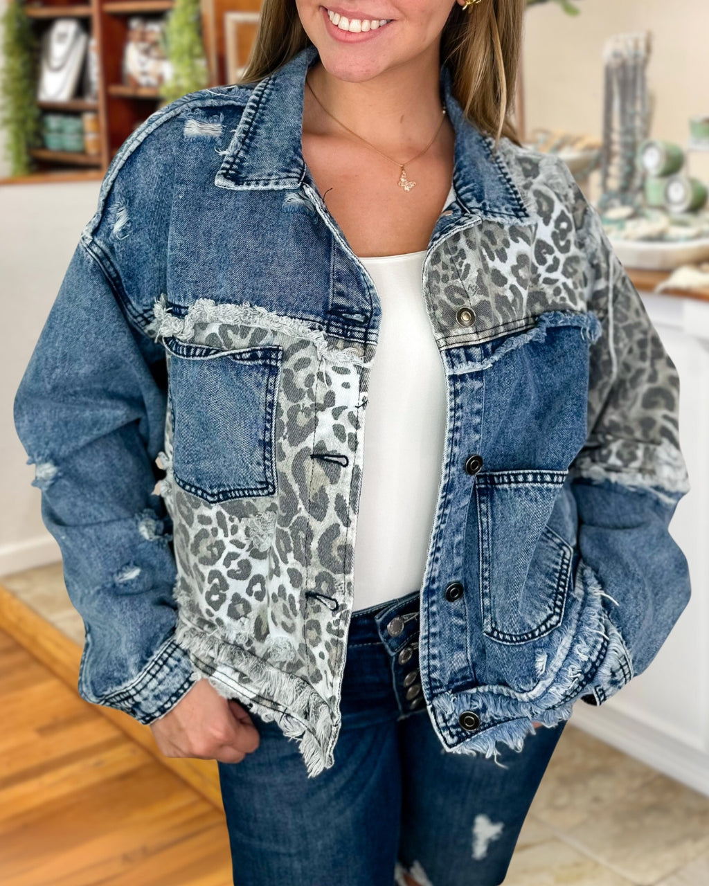 Retro Distressed Leopard Denim Jacket