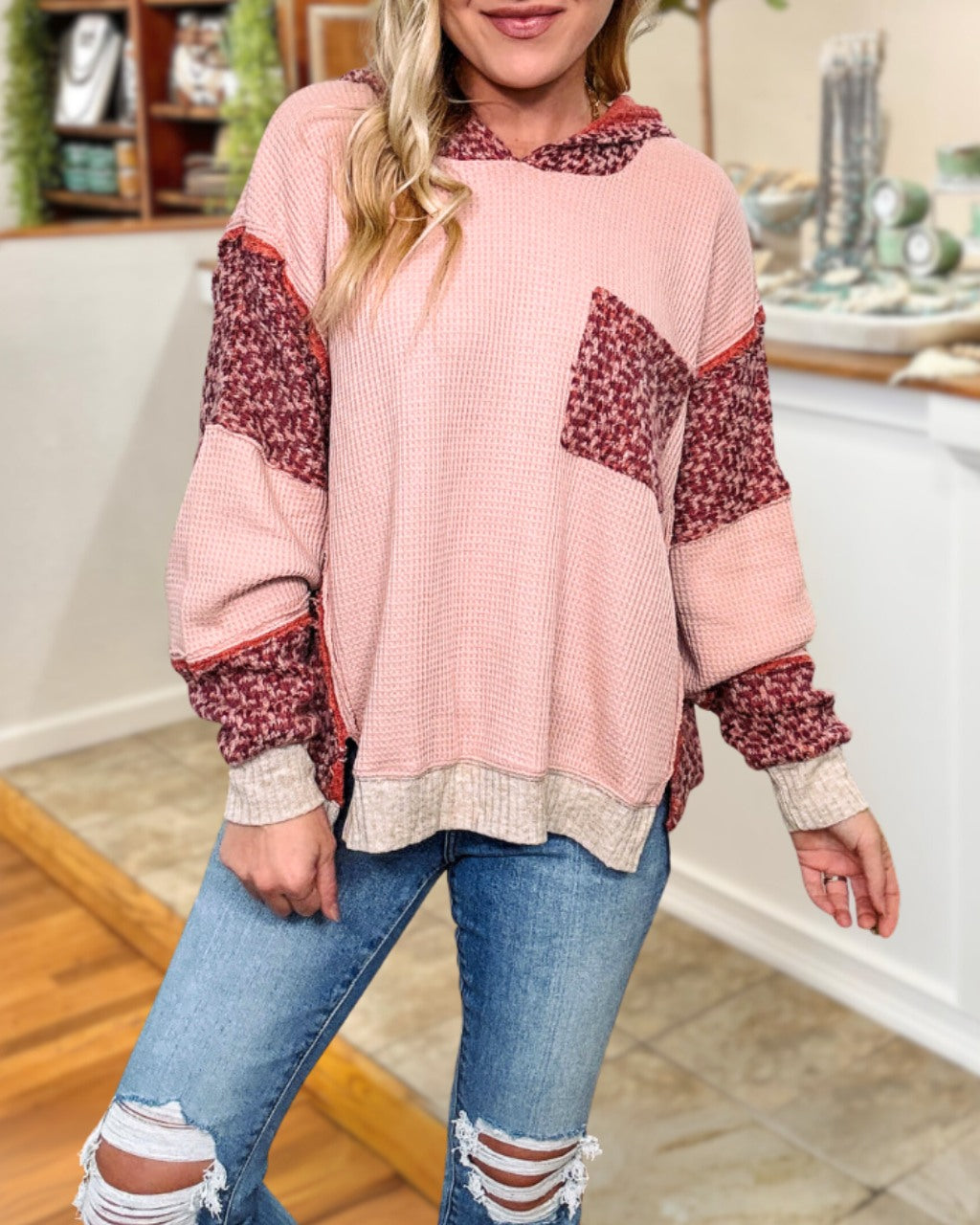 Lively Waffle Knit Patchwork Hoodie