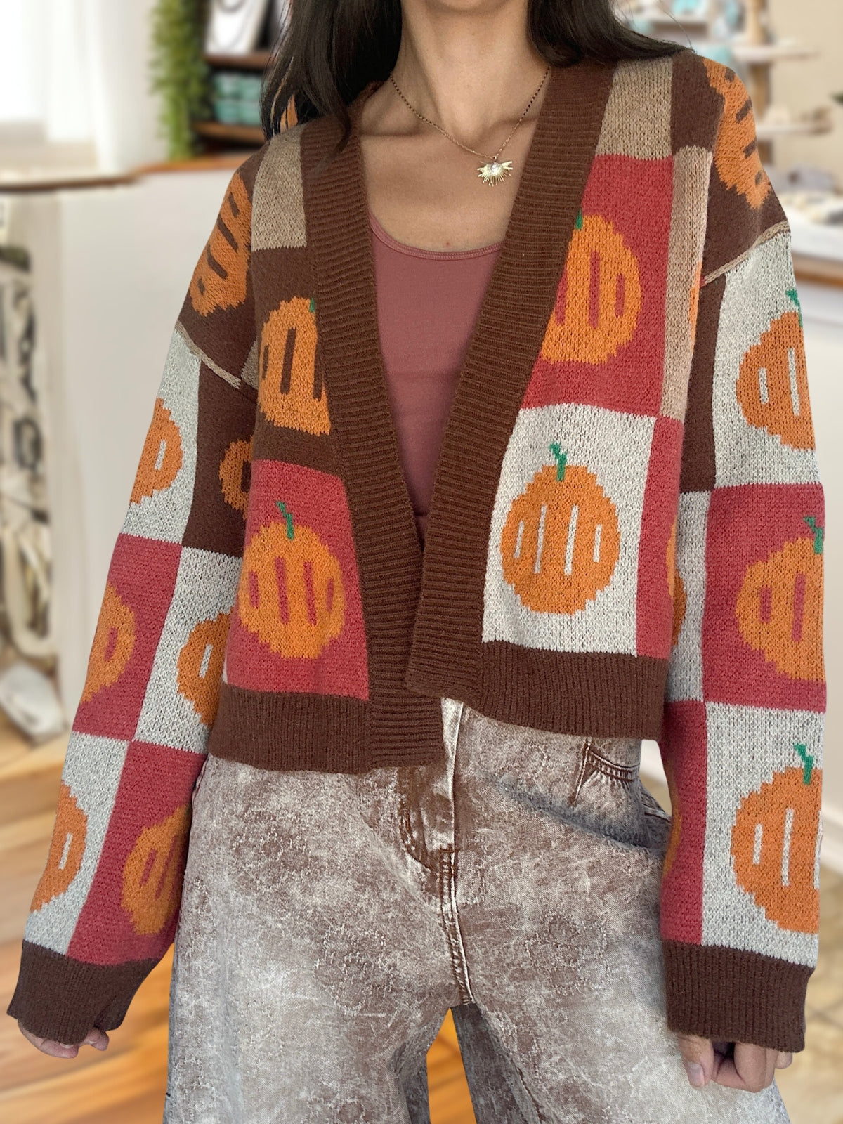 Checkerboard Pumpkin-Pattern Cardigan